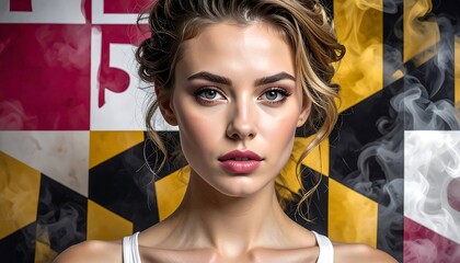 Beautiful woman portrait with Maryland flag background.