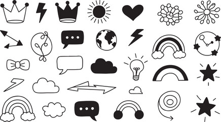 Collection of various black and white icons and symbols