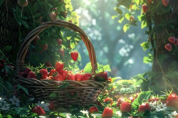 Ripe, red strawberries spilling from a wicker basket amidst lush greenery and delicate white flowers, bathed in the soft glow of sunlight filtering through the forest canopy