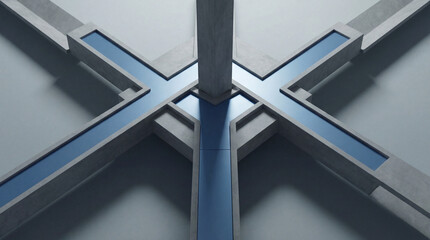 Abstract concrete crossroads with vertical axis and blue channel detail