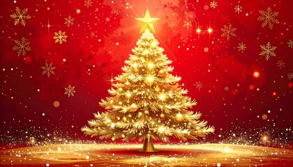 Beautifully Decorated Christmas Tree with Golden Lights and Snowflakes.