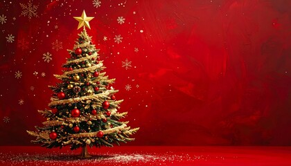 Beautifully Decorated Christmas Tree with Golden Star and Snowflakes on Red Background.
