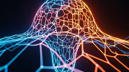 A futuristic abstract glowing light bulb structure, formed by interconnected neon lines, creates a dynamic data network, perfect for AI video projects, digital innovation, big data, technology and sma