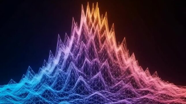 Futuristic 3D mountain range formed by interconnected neon lines, creating a vibrant digital landscape, perfect for AI, big data, technology, virtual reality, and digital transformation projects