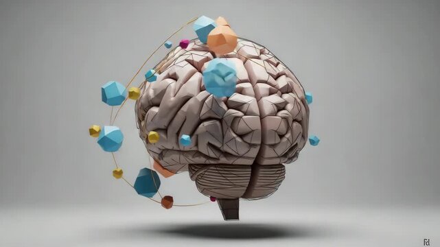 Abstract 3D Rendering of Human Brain with Geometric Shapes and Neural Connections
