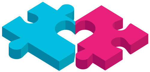 Blue and pink puzzle pieces connecting to form a heart shape.