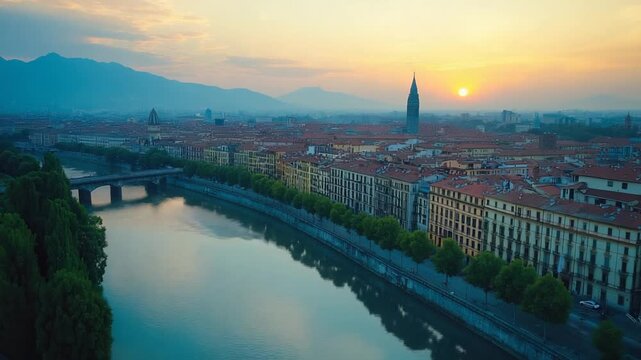 aerial drone view of turin city skyline morning video