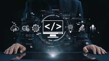 Modern web development concept featuring coding symbols, web development process, web development interface, and web development tools with futuristic design. Elide