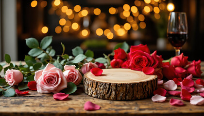 Romantic arrangement of red and pink roses with petals on a wooden table and a glass of wine on the background of a warm fire, a place for text.