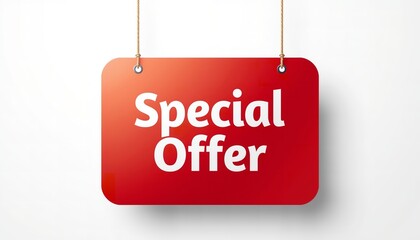 A red sign with the words Special Offer hanging from a string on a white background