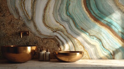 Luxurious bathroom interior with unique marble wall and gold sink with luxury bathroom and interior design and high end decor and luxurious interior
