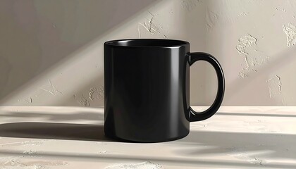 Black Mug on White Surface with Shadow.
