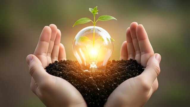 Hands holding soil with a growing plant and light bulb - Powered by Adobe