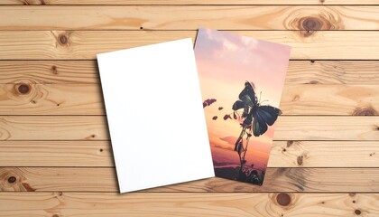 Blank Card and Butterfly Photo on Wooden Background.