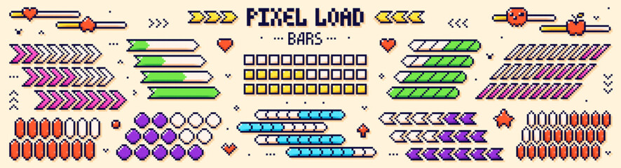 Pixel game bars. 8 bit loading color scales in different shapes. © Aleksandra Abramova