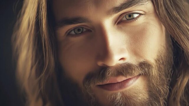 Kind and loving jesus christ smiling gently at the camera. A spiritual and religious close up of his compassionate face and loving eyes
