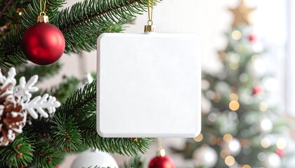 Blank White Square Christmas Ornament Hanging on a Decorated Tree.