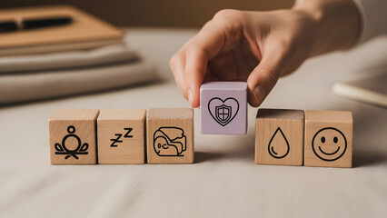 Person choosing wellness block with heart and shield icon