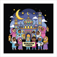 A group of children in colorful traditional clothing celebrating Ramadan with a mosque and