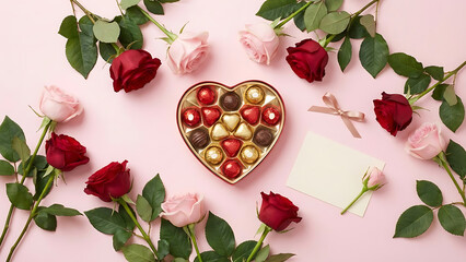 Valentine's Day chocolates in heart heart-shaped box with roses and a card
