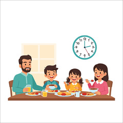 A family of four sitting at a table enjoying a meal together with a clock on the wall