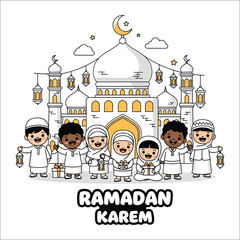 A group of children in traditional Islamic clothing standing in front of a mosque