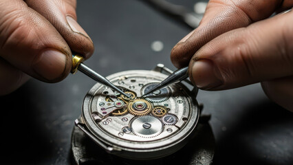 Closeup of grease-stained hands repairing vintage mechanical watch gears in workshop, tangible mechanics and right to repair concept.
