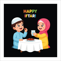 Children celebrating iftar with dates and water on a white table with a white tablecloth