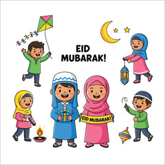 Children celebrating Eid Mubarak with colorful kites lanterns and traditional clothing in