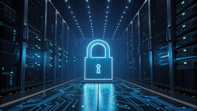 Quantum Cryptography Digital lock symbolizing cybersecurity in a server room with glowing circuits and high-tech ambiance.