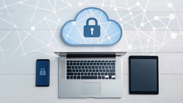 Quantum Cryptography Modern devices showcasing cloud security with a padlock symbol on a networked background. - Powered by Adobe