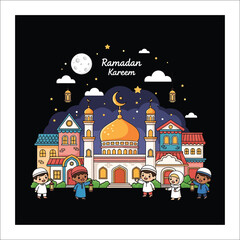 Children in traditional Islamic clothing celebrating Ramadan with lanterns in front of a