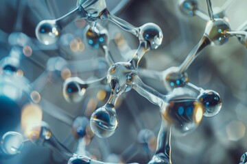 Glass molecules forming a complex structure, creating a visually appealing scientific concept with a bokeh effect in the background