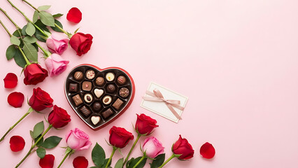Valentine's Day gift, heart-shaped chocolates and roses on pink background