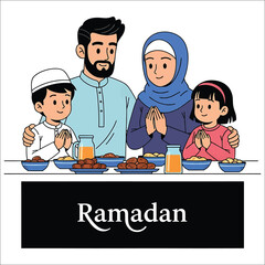 Family of four sitting together with hands in prayer position during Ramadan with