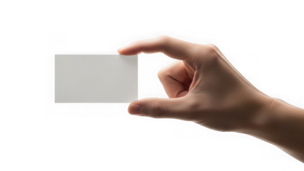 Hand holding a blank white business card on isolated white background for branding and identity purposes with marketing and promotion and networking