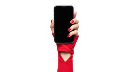 Woman's hand in red long sleeve holding up a smartphone with blank black screen on white background with blank screen and woman s hand and technology
