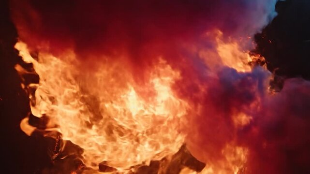 Intense vortex of fire and flames swirling powerfully on a black background. Colorful smoke billows across the frame, mixing with the blaze