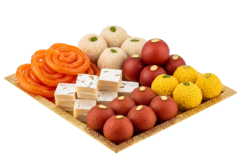 assorted mithai platter with colorful indian desserts