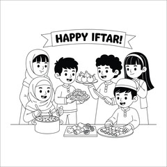 Group of children preparing and sharing food with a happy iftar banner above them in a