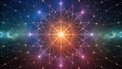 Fototapeta premium Quantum Cryptography Vibrant cosmic pattern with radiating lines and star-like nodes against a dark background.