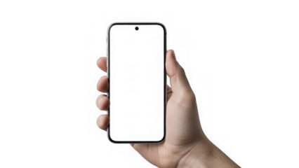 Hand holding a smartphone with a blank white screen on a white background for mockup or advertisement purposes with copy space with blank screen