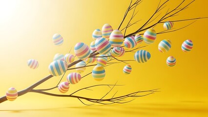 Colorful striped easter eggs floating on bare branches against yellow background