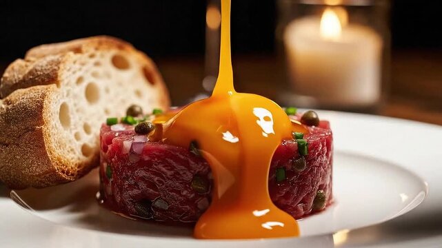 Beef tartare disk topped with bright yolk, herbs, with bread, under warm candlelight. rustic charm!!