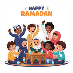 Group of diverse children celebrating Ramadan with dates and drinks on a decorative table