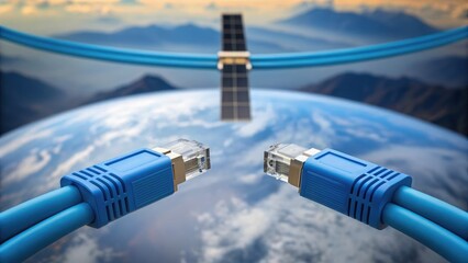 Quantum Cryptography Futuristic illustration of blue network cables connected to a satellite above Earth.