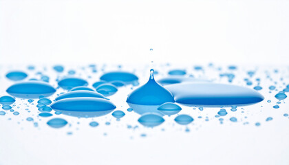 Blue water droplets with splash on white background and copy space