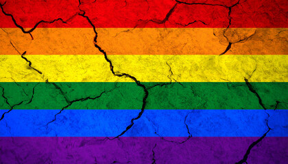 Cracked rainbow pride flag on distressed wall texture background