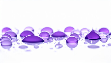 Purple water droplets on white background with copy space