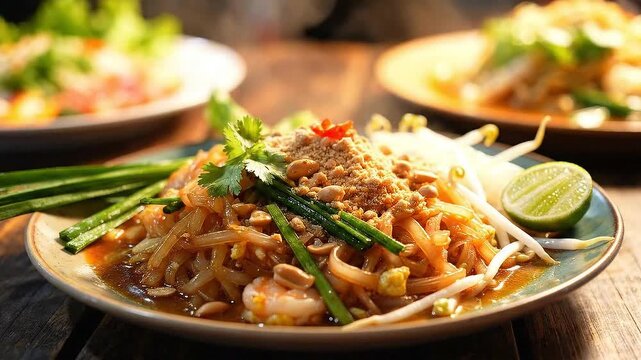 Plate of saucy noodles topped with peanuts and greens, lime wedge on the side, diners blurred. Well!